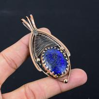 Lavish Lapis Lazuli Gemstone Pure Copper Wire Wrapped Handmade Pendant Jewelry 3.23 Inches mėlyna
