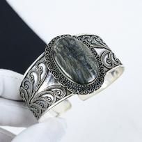 Natural Marcasite Gemstone Handmade 925 Sterling Silver Cuff Bangle, Marcasite Bangle,For Wife, Unisex Bangle, Gifts For Mom 6" mėlyna