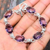Graži ametisto brangakmenio rankų darbo 925 sterlingų sidabro apyrankė 7-8 Inches violetinė