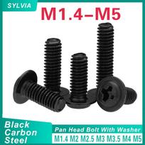 10/ 20/ 50/ 100pcs PWM M1.4 M2 M2.5 M3 M3.5 M4 M5 Black Carbon Steel Cross Phillips Pan Round Head With Washer Collar Screw Bolt M4x4mm (20pcs)