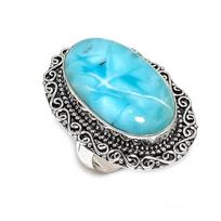 Naturalus Republic Larimar Brangakmenis 925 Sterlingų Sidabro Papuošalas Žiedas Dydis 7 V2C25 blue