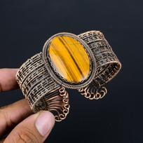 Fancy Tiger Eye Gemstone Pure Copper Wire Wrapped Handmade Cuff/ Bangle Adjustable Jewelry Adjustable geltona