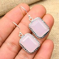 Pink Chalcedony Gemstone 925 Sterling Silver Handmade Lovely Jewelry Earrings For Women 1.6 Inches rožinė