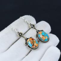 Orange Spiny Oyster 925 Sterling Silver Earring, Boho Silver Jewelry Dangle Earrings, Gifts For Valentine Gifts For Her 2.16" oranžinė