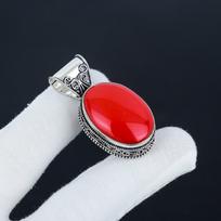 Natural Red Coral Gemstone Silver Pendant in 925 Sterling Silver - Handmade Oval Design, Everyday Wear Jewelry Father Day Gift 1.96" raudona