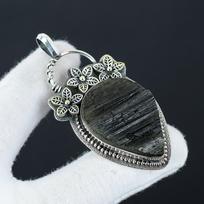 Natural Black Tourmaline Gemstone Silver Pendant in 925 Sterling Silver- Handmade Flower Design, Everyday Wear Jewelry, Unique Pendant Birthday Gift 2.55" juoda