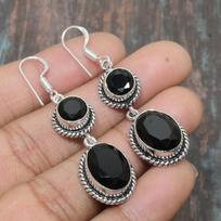 Black Spinel Gemstone 925 Sterling Silver Handmade Wonderful Jewelry Earring 1.97 Inches juoda