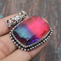 Bi-Color Tourmaline Gemstone Handmade Solid 925 Sterling Silver Jewelry Pendant 1.77 Inches rožinė