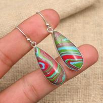 Amazing Rainbow Calsilica Gemstone Handmade 925 Sterling Silver Earring Jewelry 1.57 Inches žalia