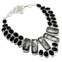 Natural Black Rutile, Spinel Handmade 925 Sterling Silver Necklace 18  p6z49