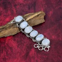 Vaivorykštinis Mėnulio Akmens Apyrankė Brangakmenių Papuošalai, 925 Prabuotas Sidabro Apyrankė, Rankų Darbo Graži Papuošalų Apyrankė Adjustable with 8 inches balta