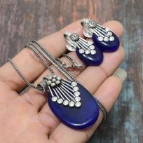 Blue Onyx Gemstone Handmade Solid 925 Sterling Silver Necklace+Earring Jewelry Set mėlyna