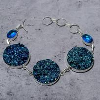 Natūralaus Titano Druzy, Mėlynas Topaz Akmens 925 Sterling Sidabrinė apyrankė 7-8  W1N79