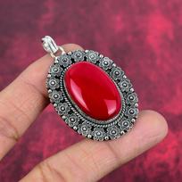 Red Coral Jewelry, 925 Solid Sterling Silver Pendant Handmade Gemstone Jewelry, Gifts For Wife Brand New Pendant 2.20 Inches raudona