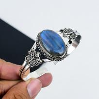 Natūralus Labradorito Brangakmenis Rankų darbo 925 Sterlingo Sidabro Rankogalių Apyrankė, Labradorito Apyrankė, Žmonai, Unisex Apyrankė, Dovanos Sužadėtuvėms 6" mėlyna