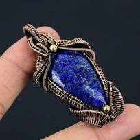 Lapis Lazuli Gemstone Copper Wire Wrap Handmade Designer Pendant Jewelry 2.55 Inches mėlyna