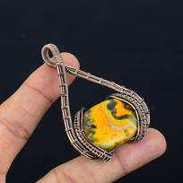 Bumblebee Jasper Gemstone Pure Copper Wire Wrapped Designer Handmade Pendant Jewelry Gift 2.76 Inches geltona