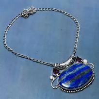 Natural Lapis Lazuli, Amethyst Gemstone 925 Sterling Silver Necklace 18  N3D25