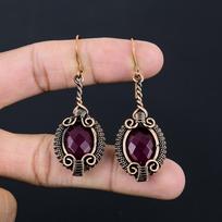 Lab-Created Ruby Gemstone Handmade Pure Copper Wire Wrapped Earring Jewelry For Thanksgiving 2.56 Inches raudona