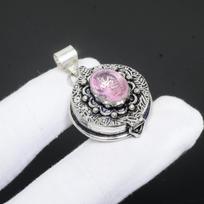 Rožinis Kunzite Genstone rankų darbo 925 sterlingų sidabro pakabukas, rožinės spalvos kunzito papuošalai, dovanos moterims, rožinis kunzito nuodų dėžutės pakabukas dovanoms 1.57" rožinė