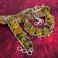 Nellite Jewelry ,925 Solid Sterling Silver Bracelet &Necklace,Unique Gemstone Jewelry Set Adjustable Chain Handmade Jewelry For Women Adjustable With 8"-18" geltona