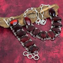 Raudonas blyksnis Labradorito brangakmenis 925 prabos sidabro papuošalų rinkinys, rankų darbo apyrankė ir reguliuojamo ilgio vėrinys moterims Adjustable With 8"-18" raudona