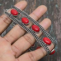 Italijos raudonųjų koralų brangakmenių rankų darbo kietas 925 sterlingų sidabro apyrankė Padėkos dienai 7-8 Inches raudona
