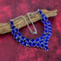 Mėlyno safyro vėrinys, rankų darbo brangakmenių vėrinys, 925 prabos sidabro vėrinys, antikvariniai papuošalai, sužadėtuvių dovana Adjustable With 18 Inches mėlyna