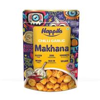 „Happilo Premium Super Snack Makhana“ čili ir česnako skonio užkandis, 60 g, skrudintas lapės riešutas, sveikas užkandis, mažai kalorijų, be glitimo ir veganiškas.