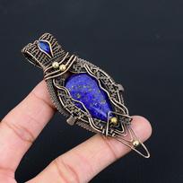 Lavish Lapis Lazuli Gemstone Pure Copper Wire Wrapped Handmade Pendant Jewelry 3.74 Inches mėlyna