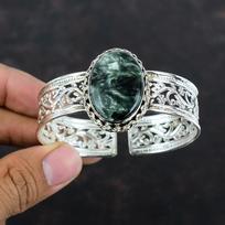 Seraphinite brangakmenio apyrankė-manžetė Reguliuojama apyrankė Rankų darbo papuošalas 925 svarų sterlingų sidabro apyrankė Naujausio dizaino apyrankė-manžetė Sužadėtuvių dovana