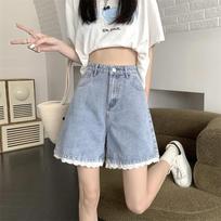 Women's Wide Leg Denim Shorts Cute Lace High Waist A-line Jeans Pants Plus Size Korean Style Fashion Y2k Clothing Summer S mėlyna