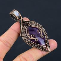 Amethyst, Moonstone Gemstone Pure Copper Wire Wrapped Designer Handmade Pendant Jewelry For Gift 3.35 Inches violetinė