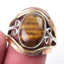 Natural Tiger Eye Gemstone Handmade 925 Sterling Silver Two Tone Ring S.6.5 I7a37