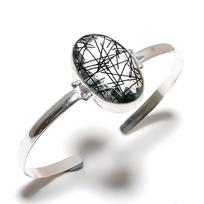 Black Rutile Gemstone Handmade 925 Sterling Silver Cuff Bangle Adjustable C1D43