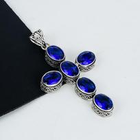 Blue Sapphire Gemstone Pendant 925 Sterling Silver- Handmade Cross Design, Everyday Wear Jewelry, Unique Blue Sapphire Pendant Gifts 2.95" mėlyna