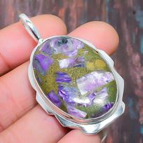 Copper Charoite Gemstone  925 Sterling Silver Handmade Amazing Jewelry Pendant 3.35 Inches violetinė