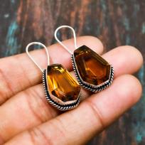 Citrine, Gemstone Handmade Solid 925 Sterling Silver Jewelry Earring 1.51 Inches geltona
