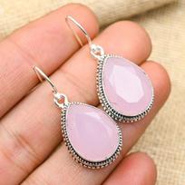 Pink Chalcedony Gemstone 925 Solid Sterling Silver Handmade Lovely Jewelry Earrings For Women 1.60 Inches rožinė