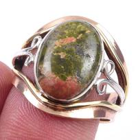 Natural Unakite Gemstone Handmade 925 Sterling Silver Two Tone Ring S.7.5 Q9H67