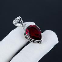 Unique Red Garnet Gemstone Silver Pendant in 925 Sterling Silver - Handmade Pear Design, Everyday Wear Jewelry Birthday Gift 1.77" raudona