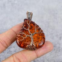 Gintaro akmuo, gryno vario vielos apvyniojimas, rankų darbo papuošalas, pakabukas 2.36 inches oranžinė