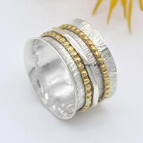 925 Sterling Silver-Spinner Ring,Solid 925 Sterling Silver Two Tone Meditation Fidget Handmade Silver Brass Meditation Silver Spinner Ring 6 sidabras