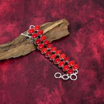 Raudono koralo rankų darbo brangakmenių apyrankė, 925 prabos sidabro apyrankė, antikvariniai papuošalai, sužadėtuvių dovanai Adjustable With 8 Inches raudona