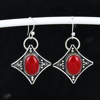Natūralaus raudonojo koralų brangakmenio senoviniai auskarai 925 svarų sterlingų sidabro auskaras, Boho sidabriniai papuošalai kabantys auskarai, Dovanos vestuvėms Dovanos jai 4 Cm raudona