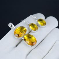 Beautiful Citrine Pendant Set, Citrine Gemstone Handmade 925 Sterling Silver Earring Pendant Set For Women Pendant Party Wear Gift 2.55" geltona