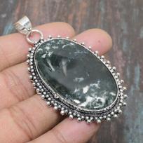 Lovely Indian Moss Agate Gemstone Handmade 925 Sterling Silver Jewelry Pendant 2.76 Inches žalia