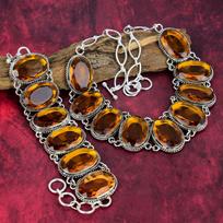 Charming Citrine Gemstone Jewelry Necklace & Bracelet Jewelry Set For Her, 925 Solid Sterling Silver Handmade Adjustable Jewelry For Women Adjustable With 8"-18" oranžinė
