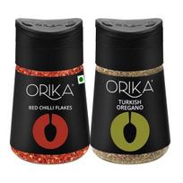 Orika Džiovinti aitriųjų paprikų dribsniai 50g & Turkijos raudonėlio prieskonis 22g derinys & Aitriųjų paprikų dribsnių barstytuvas | Idealus prieskonis picai, pastai, česnakinei duonai