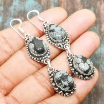 Snowflake Obsidian Gemstone Handmade Solid 925 Sterling Silver Earring Jewelry 2.56 Inches žalia